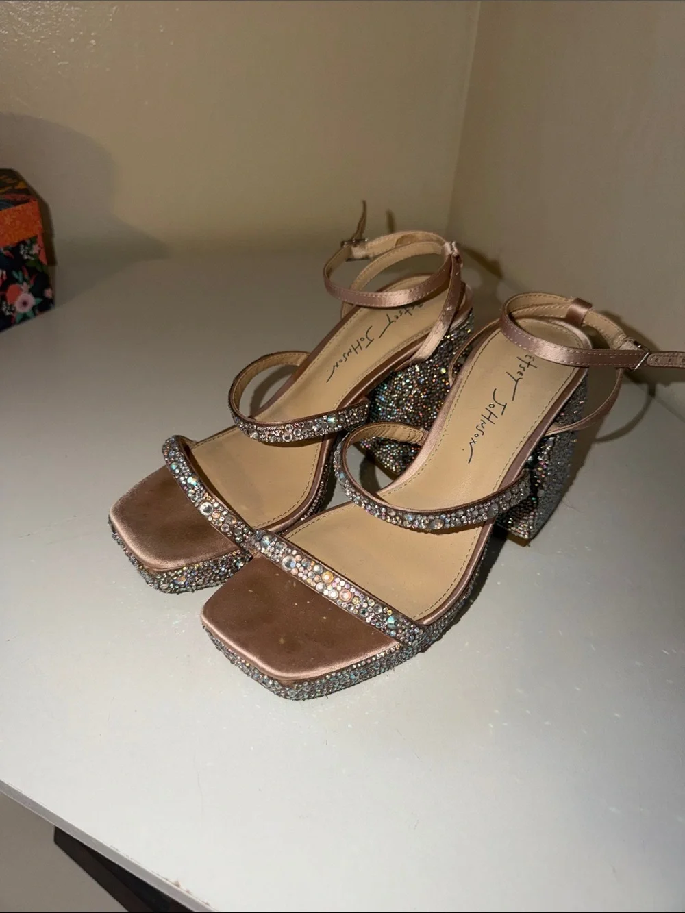 Betsey Johnson Blush Pink Crystal Embellished Block Heel Sandals